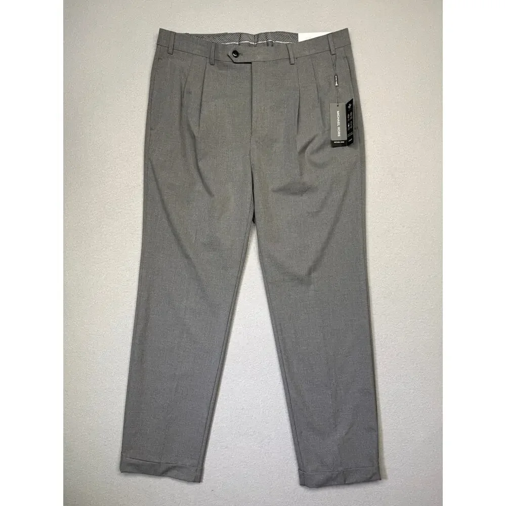 Michael Kors Men's Pleated Solid Classic Fit Pants Grey 35X32 $98